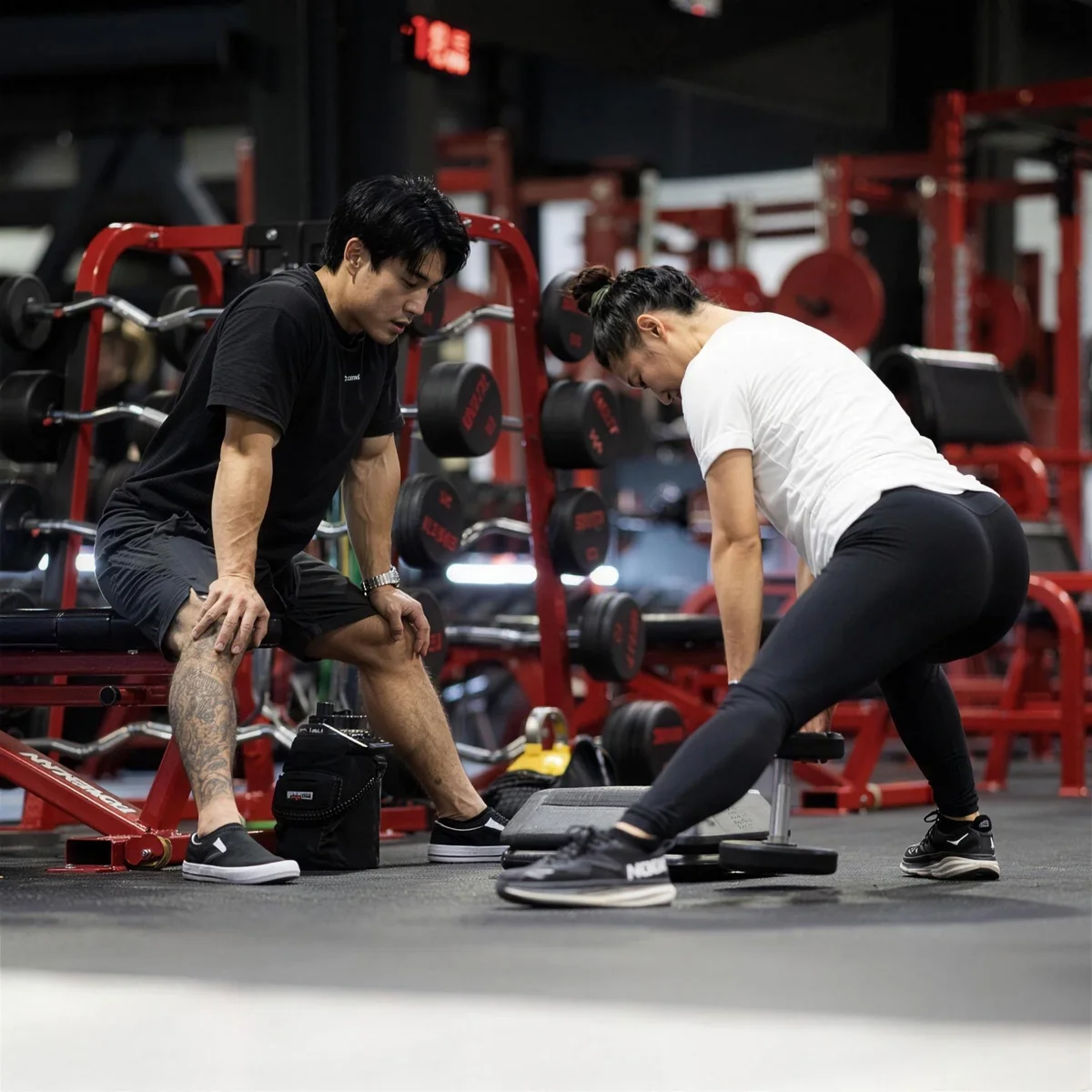 Kevin Bae working with a client on the gym floor.